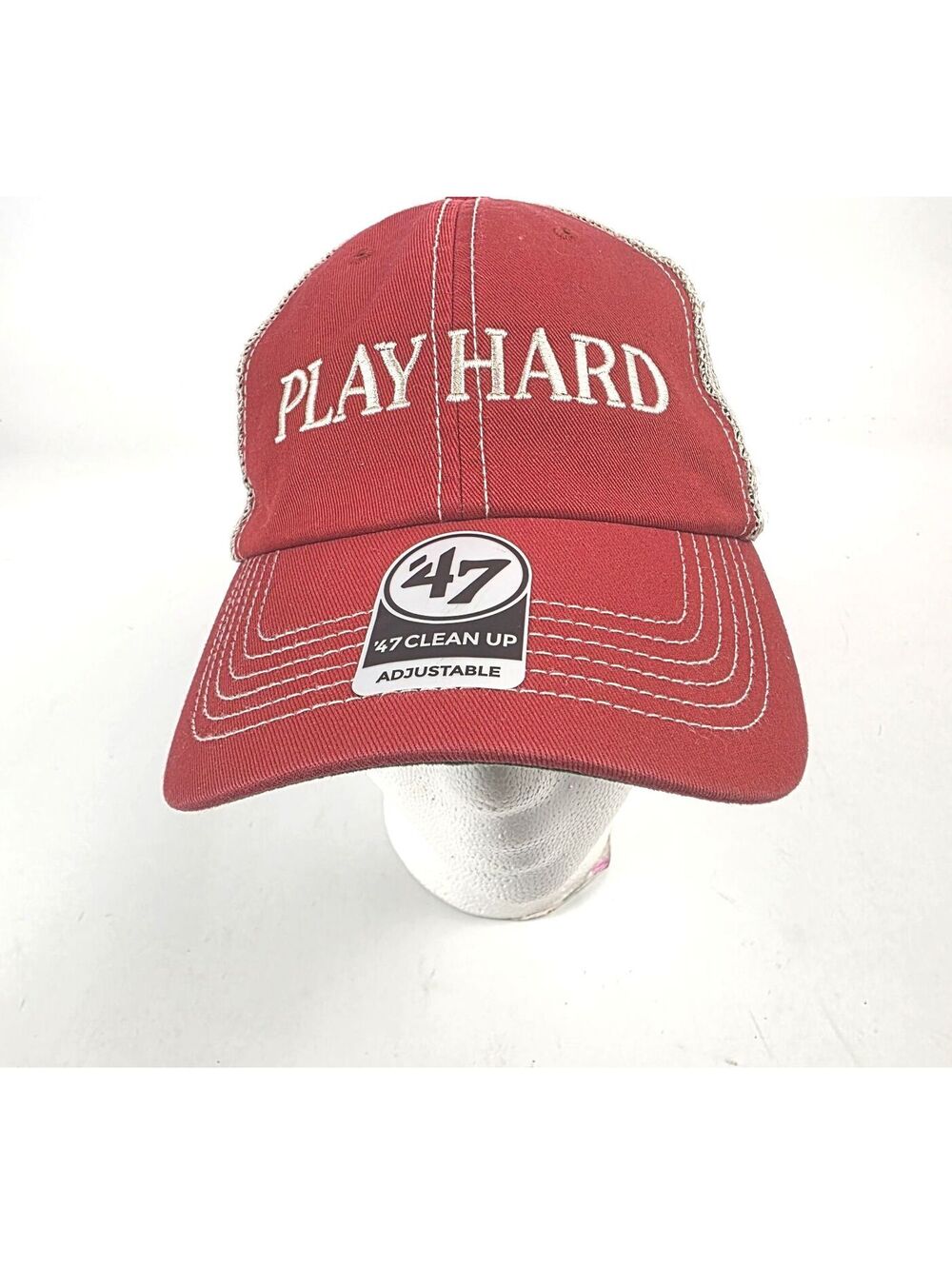 '47 Brand "PLAY HARD" Retro Trucker Snapback Red Tan Mesh Back Curved Brim